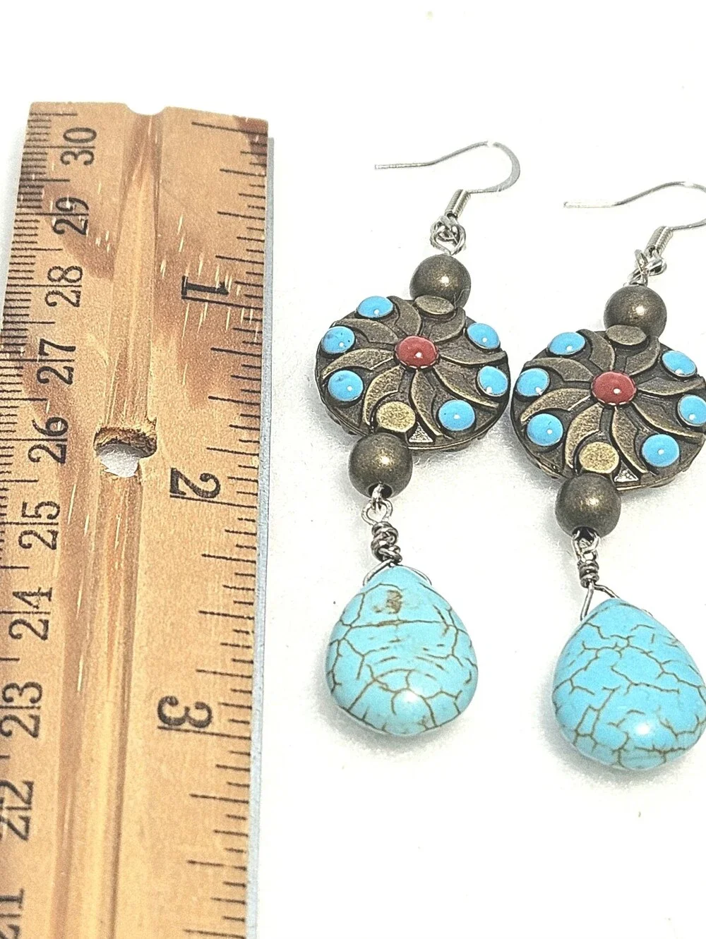 Bohemian Southwestern Turquoise Teardrop & Bronze Inlay Dangle Earrings